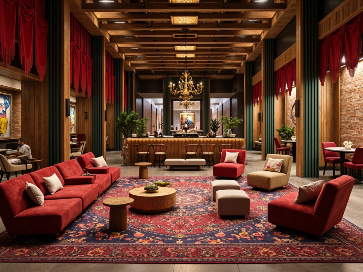 Prompt: Vibrant eclectic hotel lobby, rich velvet fabrics, bold patterned rugs, luxurious silk drapes, plush oversized furniture, ornate wooden accents, metallic gold fixtures, statement lighting pieces, abstract artwork, colorful Moroccan tiles, bohemian-inspired textiles, distressed leather armchairs, reclaimed wood walls, industrial metal beams, urban chic atmosphere, warm dramatic lighting, shallow depth of field, 2/3 composition, realistic textures, ambient occlusion.