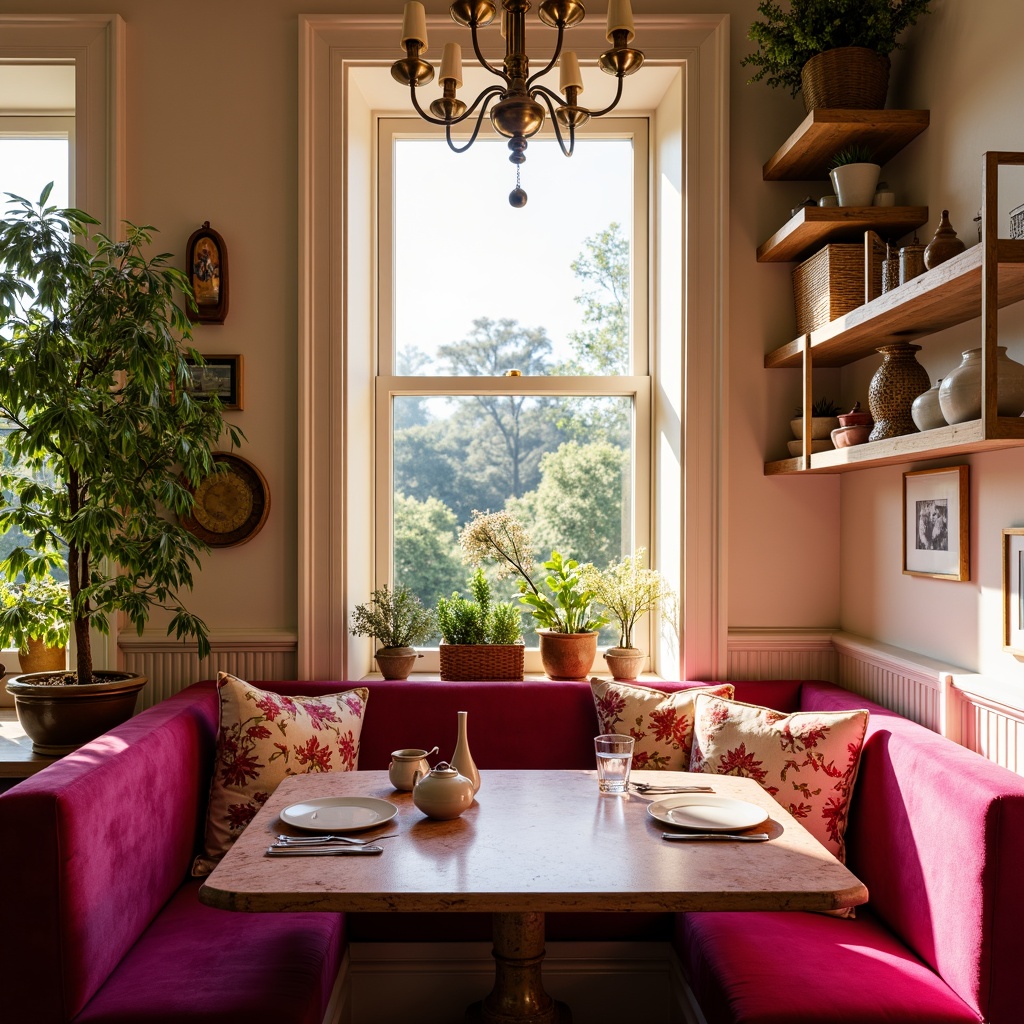 Prompt: Vibrant fuchsia breakfast nook, rich velvet upholstery, warm golden lighting, delicate ceramic vases, rustic wooden tables, soft pink marble countertops, lush greenery, natural woven baskets, antique brass accents, whimsical floral patterns, soft creamy whites, bold coral hues, playful polka dots, cozy plush throw pillows, intimate circular seating, morning sunlight, warm beige walls, eclectic vintage decor, distressed wood shelves.