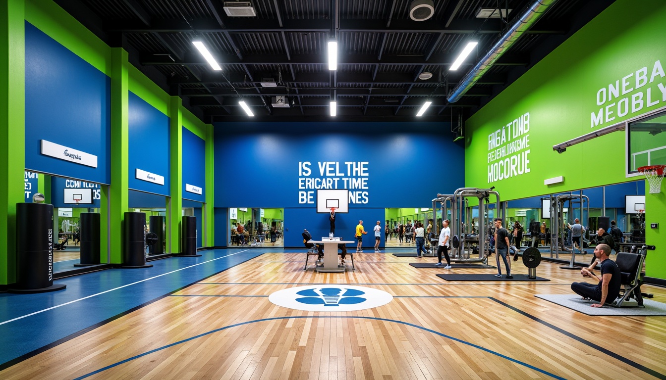 Prompt: Vibrant gymnasium interior, bold color scheme, energetic atmosphere, neon green accents, deep blue walls, polished wooden floors, stainless steel equipment, motivational quotes, dynamic lighting, high ceilings, open spaces, modern architecture, athletic tracks, basketball courts, weightlifting areas, cardio machines, functional training zones, mirrored walls, sound-absorbing materials, bright white lights, 1/1 composition, realistic textures, ambient occlusion.