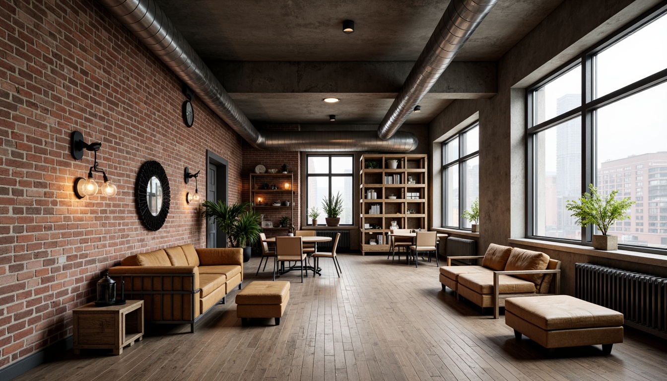 Prompt: Exposed brick walls, metal beams, reclaimed wood floors, industrial-style lighting fixtures, distressed leather sofas, metal frame chairs, wooden crates, vintage factory carts, Edison bulb pendant lights, rustic wooden tables, minimalist decor, urban loft atmosphere, neutral color palette, functional decorative elements, raw concrete accents, steel windows, urban cityscape views, high ceilings, open floor plans, natural materials, earthy tones, reclaimed wood shelving units.