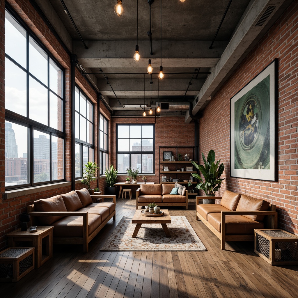 Prompt: Exposed brick walls, industrial metal beams, reclaimed wood floors, vintage factory lights, modern minimalist furniture, sleek steel accents, distressed leather sofas, eclectic artwork, urban cityscape views, large windows, natural light pouring in, concrete ceilings, rustic wooden crates, metal mesh shelves, Edison bulb pendant lamps, neutral color palette, rough textured fabrics, abstract geometric patterns, 1/1 composition, shallow depth of field, warm soft lighting, realistic ambient occlusion.