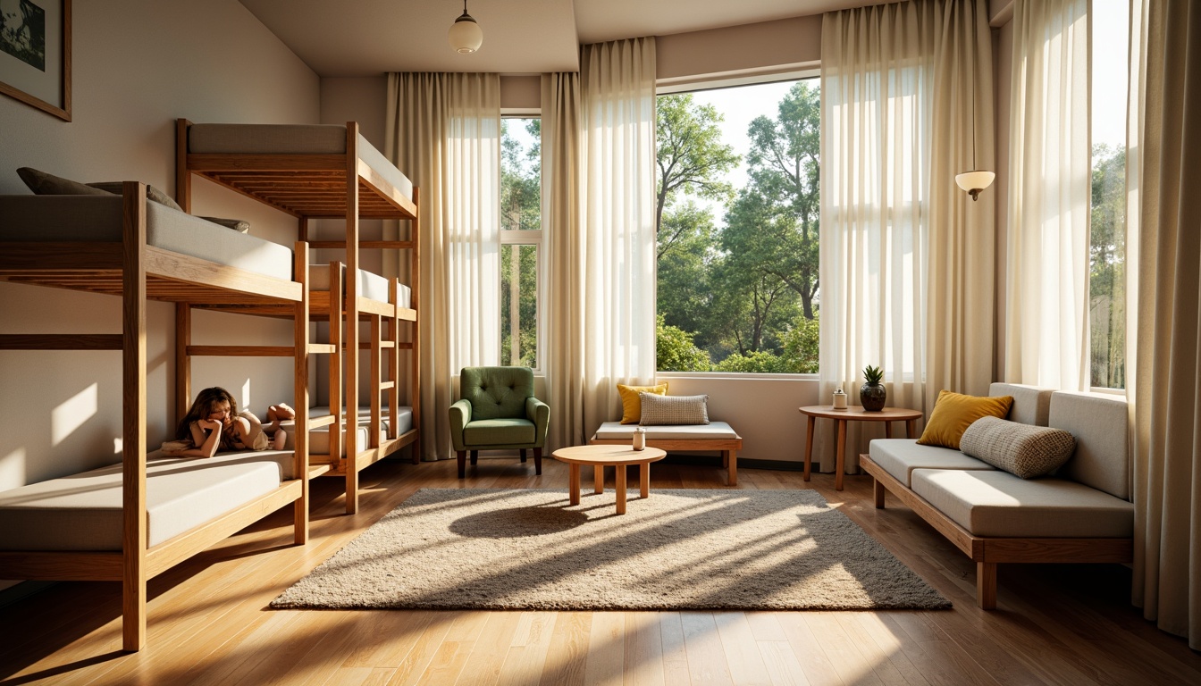 Prompt: Cozy dormitory, abundant natural light, floor-to-ceiling windows, sheer curtains, minimal obstructions, bright airy atmosphere, comfortable study areas, wooden furniture, soft pastel colors, woven textiles, plush carpets, relaxed seating, greenery views, surrounding trees, sunny morning, warm golden lighting, shallow depth of field, 1/2 composition, realistic textures, ambient occlusion.