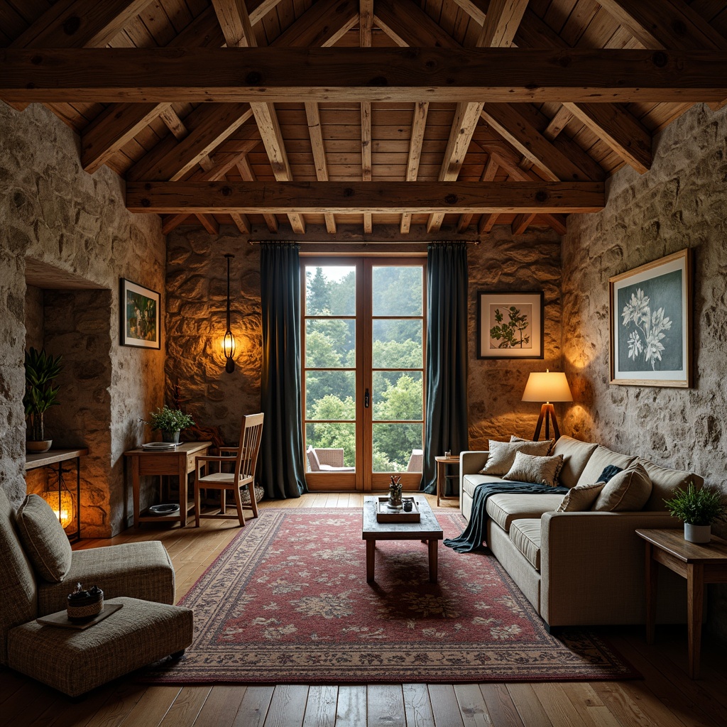 Prompt: Rustic hospitality architecture, wooden beams, distressed finishes, natural stone walls, earthy color palette, warm candlelight, vintage furniture, woven textiles, chunky throw blankets, botanical prints, forest surroundings, misty morning, soft diffused lighting, shallow depth of field, 1/2 composition, realistic wood grain textures, ambient occlusion.