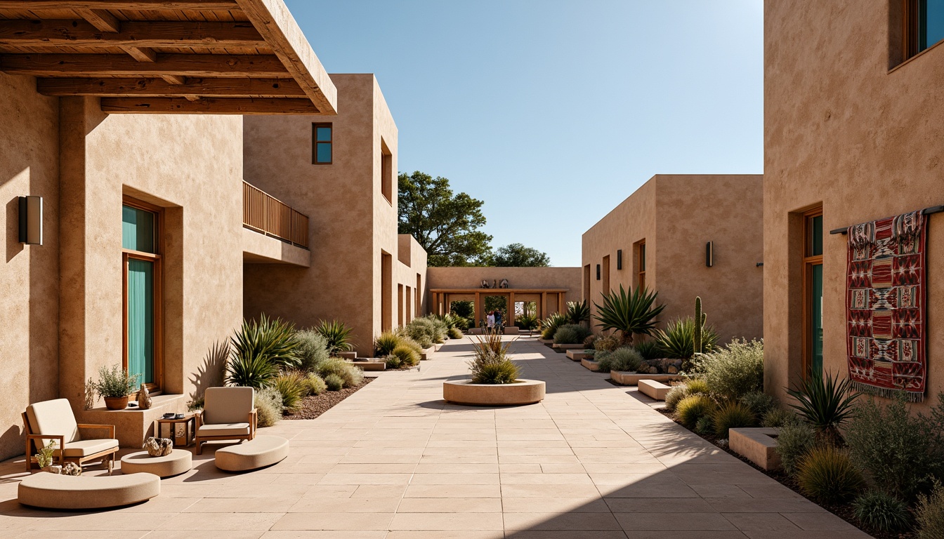 Prompt: Southwestern-style courthouse, adobe architecture, earthy tones, rustic wooden accents, vibrant turquoise details, spacious open plazas, shaded walkways, native cacti gardens, warm sandy hued stone floors, natural light pouring through clerestory windows, modern minimalist furnishings, comfortable seating areas, intricately patterned Navajo-inspired textiles, warm sunny days, soft gentle breezes, panoramic views of surrounding landscape, 3/4 composition, realistic textures, ambient occlusion.