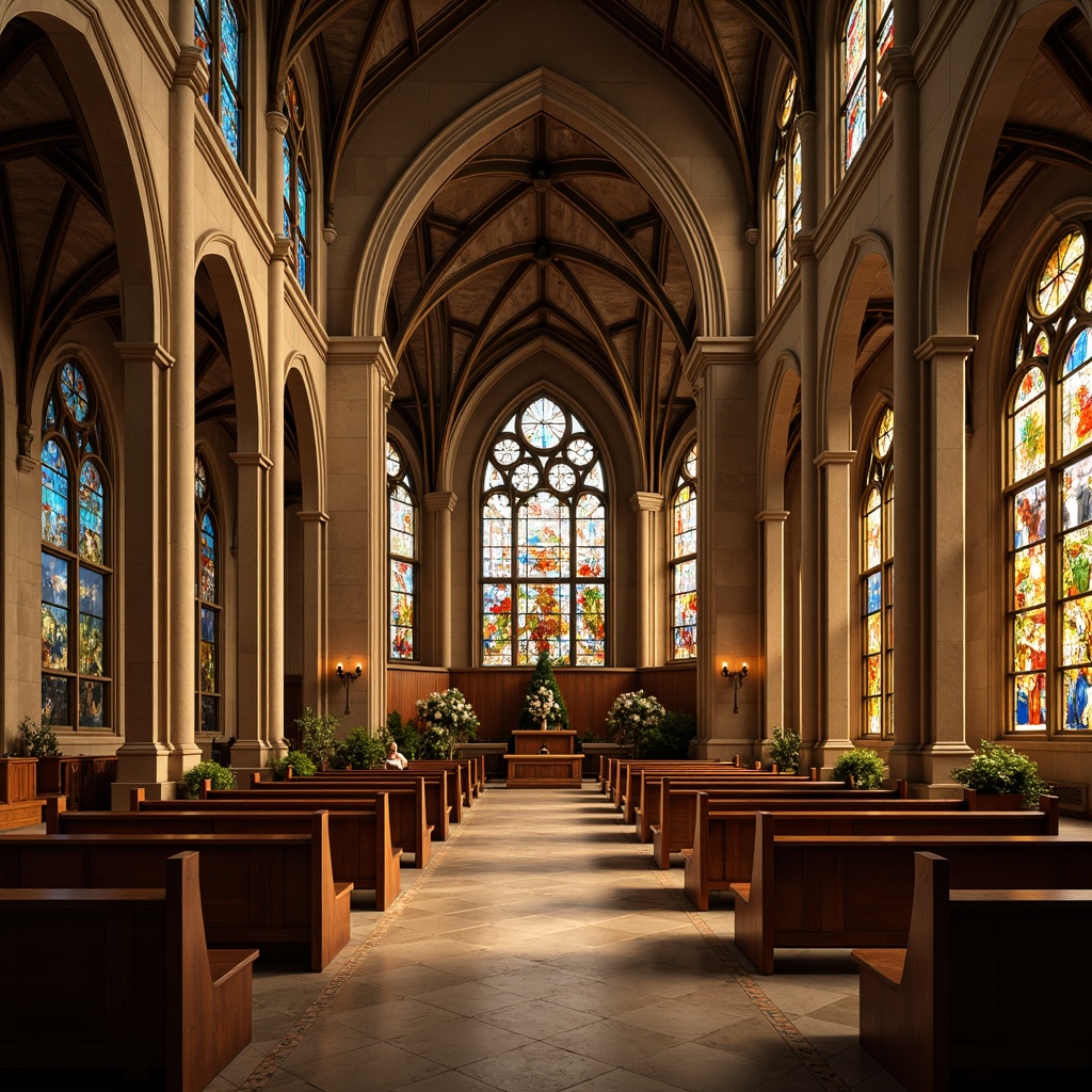 Prompt: Elegant stained glass windows, warm golden lighting, ornate stone columns, vaulted ceilings, grandiose arches, serene chapels, peaceful ambiance, soft diffused light, subtle shadows, minimalist decor, elegant wooden pews, intricate carvings, vibrant floral patterns, subtle color palette, harmonious proportions, symmetrical composition, realistic textures, ambient occlusion.