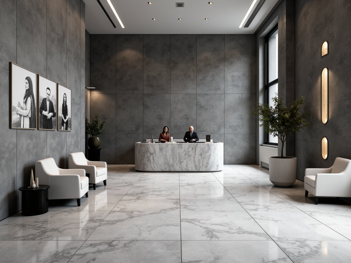 Prompt: Monochromatic bank interior, textured walls, natural stone accents, minimalist decor, sleek lines, modern architecture, subtle lighting, calm atmosphere, sparse furniture, polished marble floors, geometric patterns, industrial chic aesthetic, urban feel, neutral color palette, ambient shadows, 1/1 composition, realistic reflections.