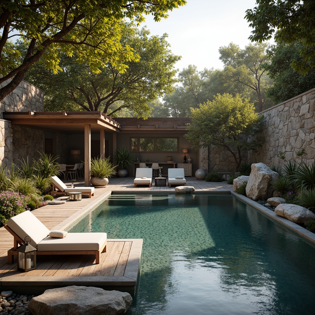 Prompt: Natural stone walls, rustic wooden decking, earthy color palette, rough-hewn rocks, weathered concrete, distressed metal accents, vintage pool equipment, nostalgic lanterns, lush greenery surroundings, overhanging trees, dappled sunlight, warm golden lighting, shallow water effects, rippled reflections, 1/2 composition, atmospheric perspective, realistic water textures, subtle ambient occlusion.