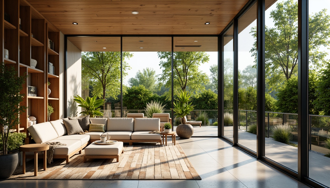 Prompt: Modern sunroom, sleek floor-to-ceiling windows, sliding glass doors, natural stone flooring, polished concrete surfaces, warm wood accents, rustic reclaimed wood planks, soft plush area rugs, vibrant greenery, exotic plants, minimalist decor, bright sunny day, warm soft lighting, shallow depth of field, 3/4 composition, panoramic view, realistic textures, ambient occlusion.