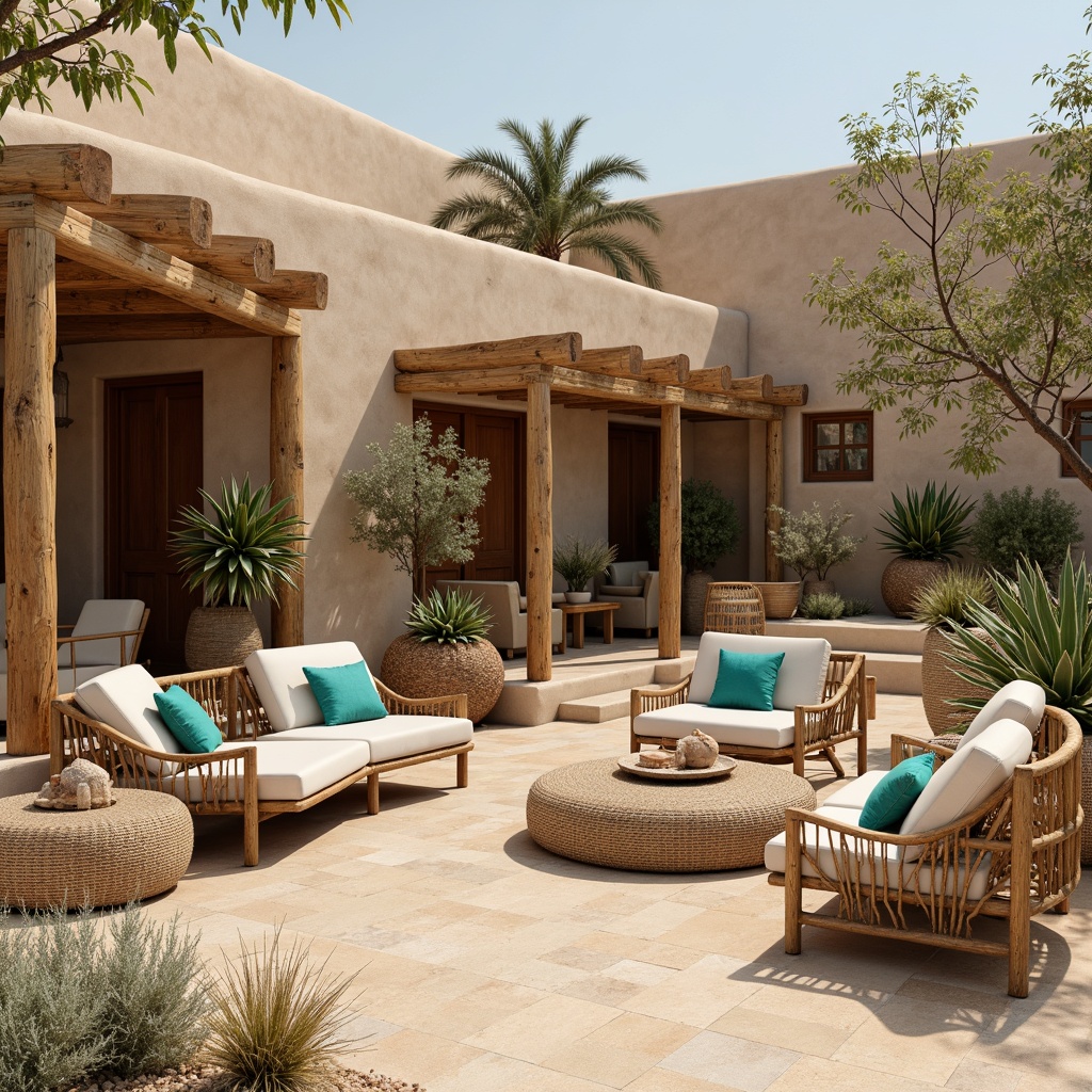 Prompt: Earthy adobe architecture, rustic wooden accents, natural stone walls, woven wicker furniture, vibrant turquoise decorations, sandy beige color palette, organic curved lines, desert botanicals, cactus plants, succulent arrangements, warm sunny day, soft diffused lighting, shallow depth of field, 1/1 composition, realistic textures, ambient occlusion.