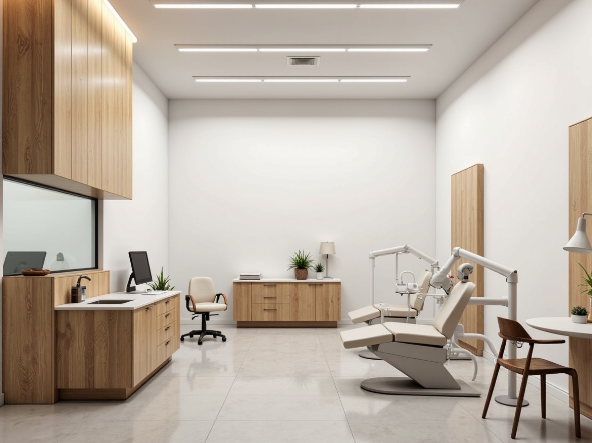 Prompt: Minimalist dental clinic interior, sleek white walls, polished chrome accents, modern minimalist chairs, simple wooden desks, compact storage cabinets, elegant floor lamps, soft warm lighting, subtle texture contrast, clean lines, Scandinavian-inspired furniture, functional simplicity, calming atmosphere, natural materials, reclaimed wood accents, industrial-chic lighting fixtures, monochromatic color scheme, 3/4 composition, shallow depth of field.