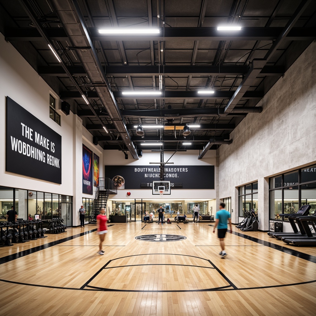 Prompt: Modern gymnasium interior, high ceilings, polished wooden floors, steel beams, industrial-style lighting fixtures, metal halide lamps, LED strips, suspended ceiling-mounted lights, exposed ductwork, concrete walls, motivational quotes, athletic equipment, basketball hoops, volleyball nets, exercise machines, free weights, treadmills, mirrored walls, sound-absorbing panels, bright and airy atmosphere, high-contrast lighting, dramatic shadows, 1/2 composition, shallow depth of field, realistic textures.