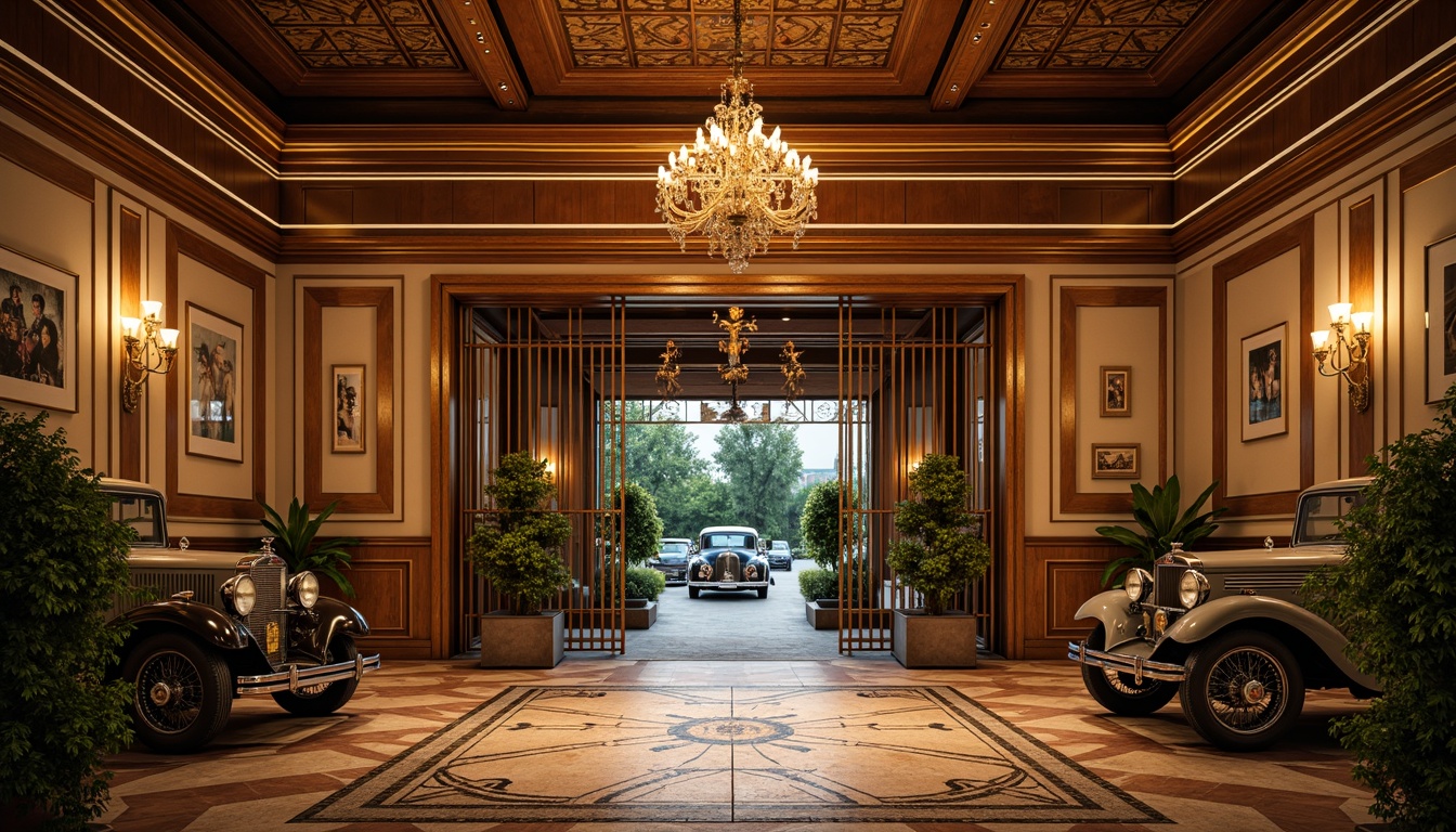 Prompt: Luxurious family garage, ornate metal gates, geometric patterns, chrome accents, bold lines, vibrant colors, soft warm lighting, dramatic spotlights, ambient shadows, high-contrast ratio, cinematic mood, 1920s-inspired details, elegant curves, lavish textures, intricate mosaics, glossy finishes, sophisticated ambiance, warm beige tones, rich wood panels, ornate chandeliers, vintage car displays, nostalgic atmosphere, soft focus blur, shallow depth of field.