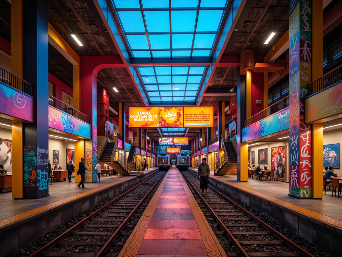 Prompt: Vibrant postmodern train station, bold geometric shapes, neon-lit signage, retro-futuristic architecture, bright color blocking, playful typography, eclectic material mix, stainless steel accents, graffiti-inspired murals, industrial chic lighting, urban jungle surroundings, bustling cityscape, warm golden hour lighting, shallow depth of field, 1/2 composition, symmetrical framing, high-contrast colors, abstract textures.