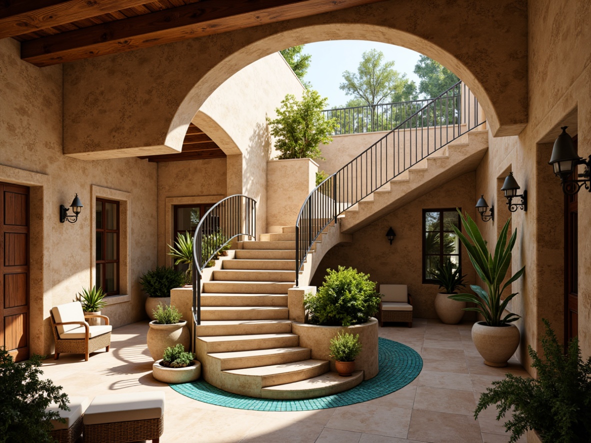 Prompt: Warm Mediterranean villa, rustic stone walls, curved staircase, wrought iron railings, wooden steps, ornate metalwork, ceramic tile flooring, vibrant turquoise accents, lush greenery, potted plants, natural light pouring in, airy atmosphere, soft warm glow, shallow depth of field, 1/1 composition, realistic textures, ambient occlusion.