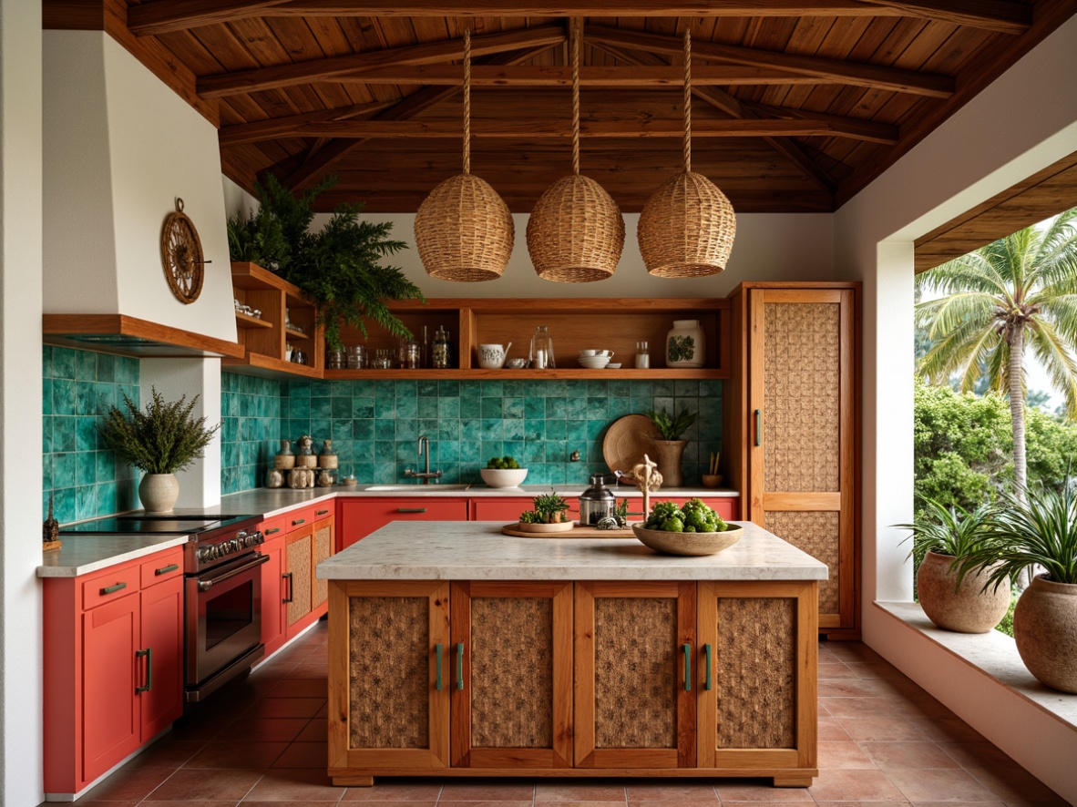 Prompt: Tropical kitchen, warm wooden tones, distressed finishes, woven rattan cabinets, exotic hardwoods, bamboo accents, vibrant coral colors, turquoise glass tiles, natural stone countertops, woven fiber lighting fixtures, lush greenery, palm frond patterns, ocean-inspired hardware, subtle shell inlays, rustic metal frames, earthy terracotta flooring, soft warm lighting, shallow depth of field, 3/4 composition, realistic textures, ambient occlusion.