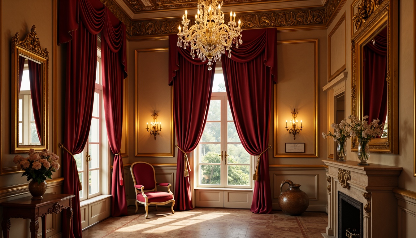 Prompt: Rich velvet drapes, ornate golden frames, soft warm candlelight, crystal chandelier, morning sunlight, warm beige walls, intricate carvings, luxurious fabrics, delicate porcelain vases, elegant curved lines, classic European architecture, cozy intimate space, soft focus, shallow depth of field, 1/1 composition, warm color palette, realistic textures.