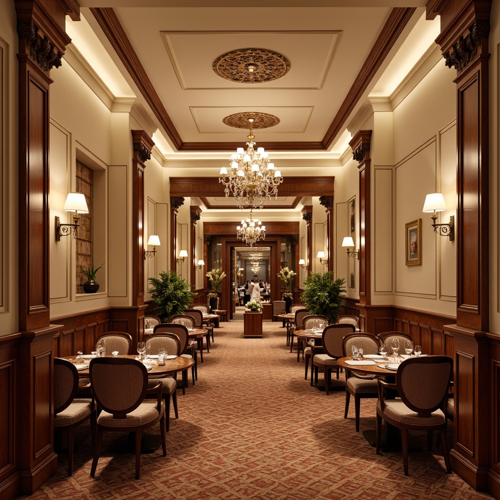 Prompt: Elegant dining hall, rich wood paneling, ornate molding details, cream-colored walls, decorative ceiling medallions, grand chandeliers, luxurious carpeting, stately furniture, polished wooden tables, comfortable upholstered chairs, sophisticated color palette, warm ambient lighting, soft shadows, 1/2 composition, shallow depth of field, realistic textures, subtle ambient occlusion.