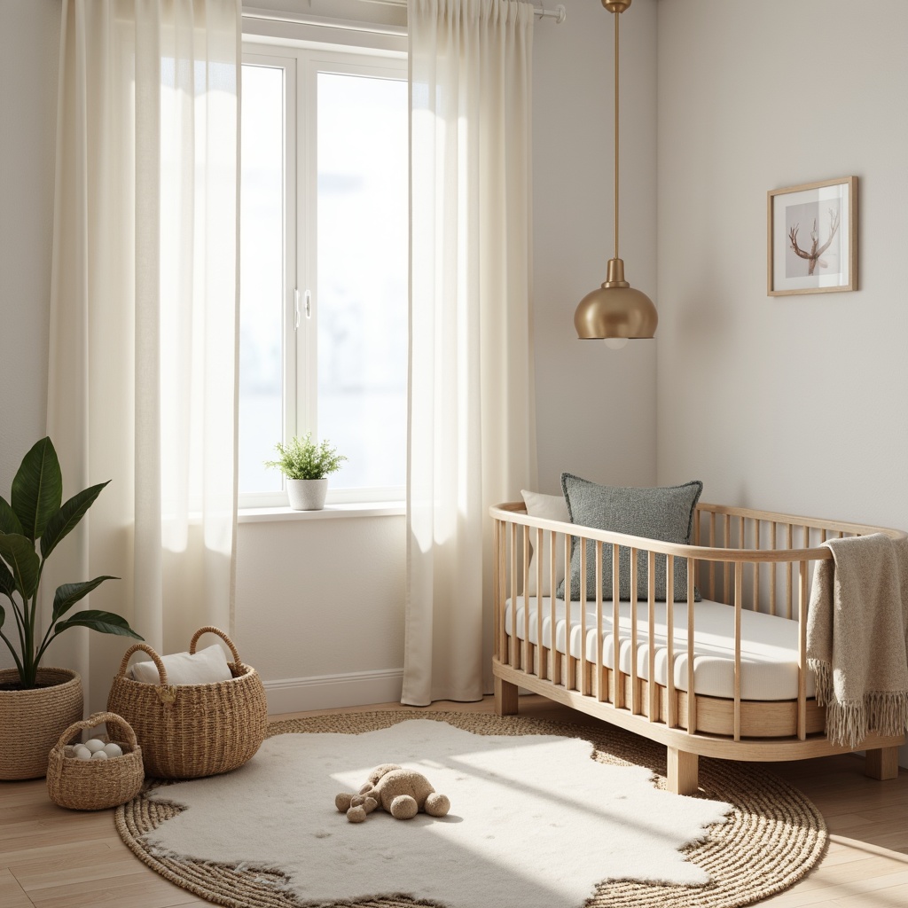 Prompt: Soft pastel hues, calming whites, creamy beiges, gentle grays, pale blues, warm wood tones, minimalist furniture, simple shapes, clean lines, subtle textures, natural light, sheer curtains, wooden crib, plush toys, woven baskets, soft rugs, cozy reading nook, serene atmosphere, warm ambient lighting, shallow depth of field, 1/1 composition, realistic render.