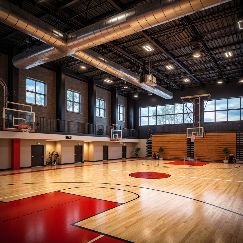 Prompt: Modern gymnasium interior, high ceilings, polished wooden floors, basketball hoops, sports equipment, athletic tracks, vibrant color accents, industrial metal beams, exposed ductwork, sleek LED lighting, metallic fixtures, dynamic shadows, high-contrast illumination, dramatic spotlights, 1/1 composition, low-angle shot, intense warm atmosphere, realistic reflections.