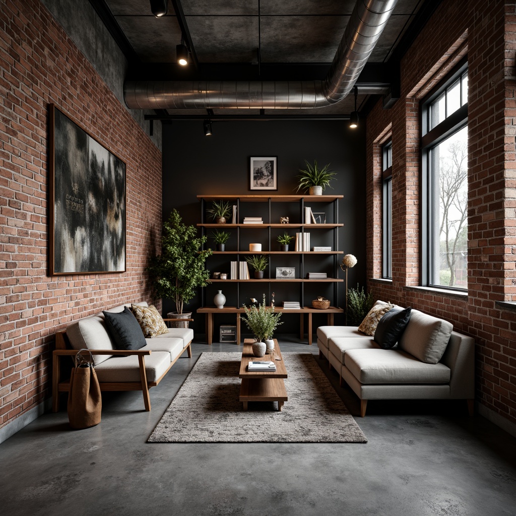 Prompt: Exposed brick walls, distressed concrete textures, metallic accents, industrial-style lighting fixtures, urban loft atmosphere, modern minimalist decor, sleek metal hardware, matte black finishes, bold color schemes, edgy geometric patterns, polished chrome pipes, reclaimed wood shelving, industrial-chic furniture, functional storage solutions, raw unfinished ceilings, poured concrete floors, moody atmospheric lighting, high-contrast color palette, 3/4 composition, cinematic mood, realistic textures, ambient occlusion.