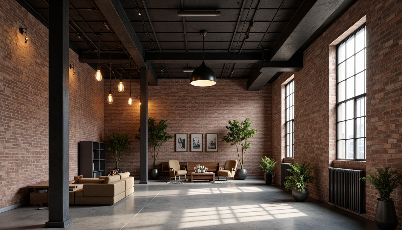 Prompt: Exposed brick walls, industrial metal beams, concrete floors, modern minimalist decor, sleek metal lighting fixtures, pendant lamps, exposed bulbs, Edison-style filaments, matte black finishes, metallic accents, reclaimed wood accents, urban loft atmosphere, natural day lighting, soft warm glow, high ceilings, open space, 3/4 composition, realistic textures, ambient occlusion.