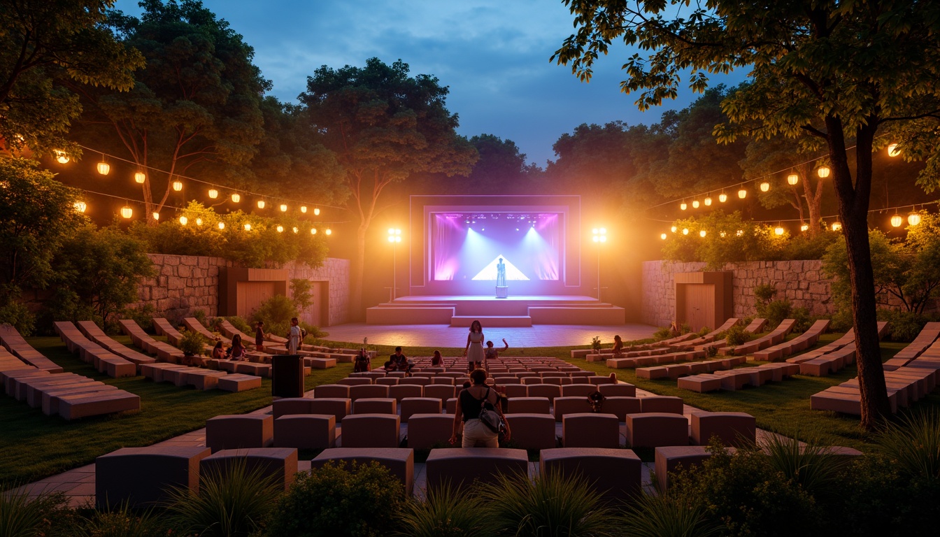 Prompt: Amphitheater seating area, warm golden lighting, soft glow, subtle shadows, dramatic spotlights, colorful LED lights, dynamic stage lighting, misty atmosphere, mystical fog effects, starry night sky, twinkling string lights, lantern-style luminaires, natural stone walls, lush greenery surroundings, serene ambiance, warm summer evening, gentle breeze, panoramic view, atmospheric perspective, high contrast ratio, vibrant color palette, realistic textures, ambient occlusion.