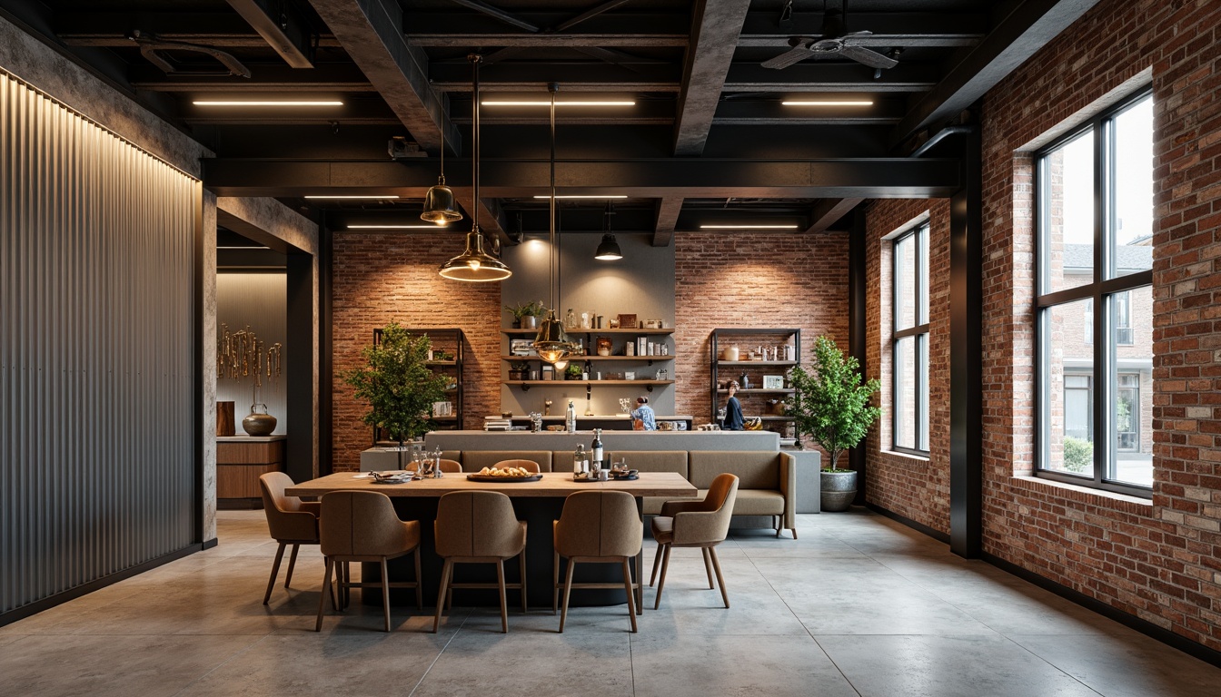 Prompt: Exposed brick walls, distressed concrete surfaces, industrial-style metal panels, reclaimed wood accents, urban loft-inspired aesthetics, modern minimalist decor, matte black steel beams, polished chrome fixtures, Edison bulb lighting, rough-textured stucco, poured concrete floors, industrial-chic color palette, muted tones, weathered wooden planks, corrugated metal cladding, distressed leather upholstery, functional decorative elements, raw unfinished edges, bold architectural statements.