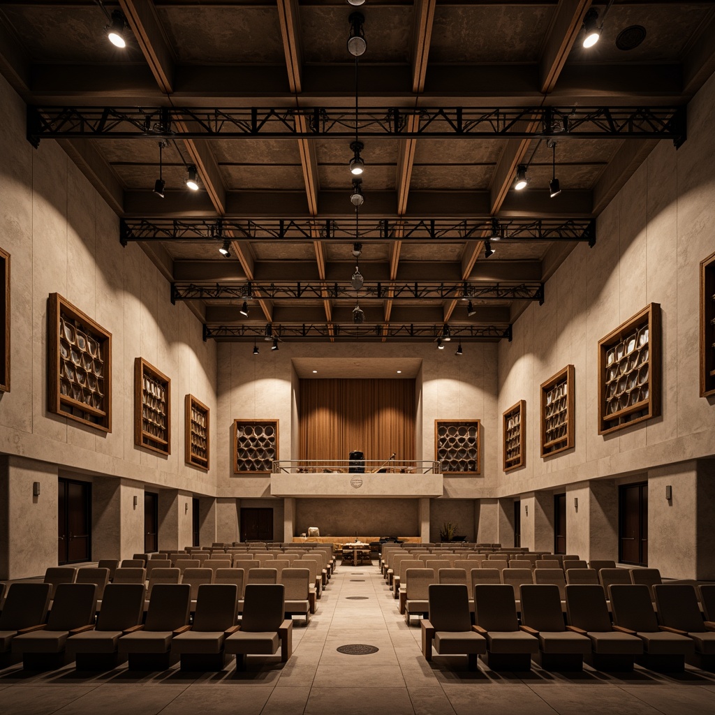 Prompt: Geometric auditorium, minimalist Bauhaus style, acoustic panels with hexagonal patterns, wooden frames, sound-absorbing materials, reinforced concrete walls, industrial-chic lighting fixtures, metal beams, functional simplicity, monochromatic color scheme, rectangular shapes, asymmetrical composition, dramatic spotlights, warm ambient glow, shallow depth of field, 2/3 composition, cinematic view, realistic textures, subtle shadows.