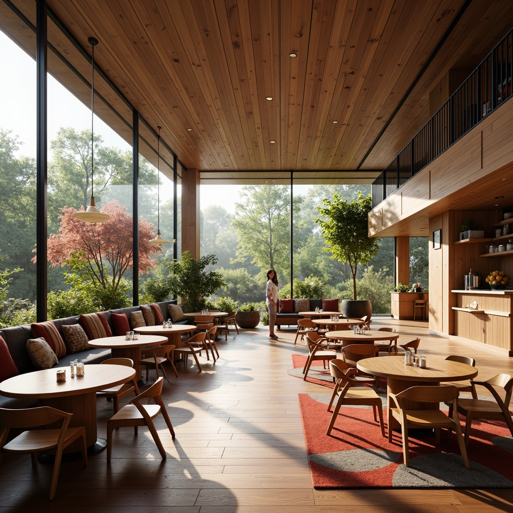 Prompt: Mid-century modern dining room, spacious layout, large windows, natural light, wooden flooring, elegant furnishings, geometric patterns, vibrant colors, organic shapes, minimalist decor, functional storage, circular tables, comfortable seating, pendant lighting, soft warm glow, shallow depth of field, 1/2 composition, realistic textures, ambient occlusion.