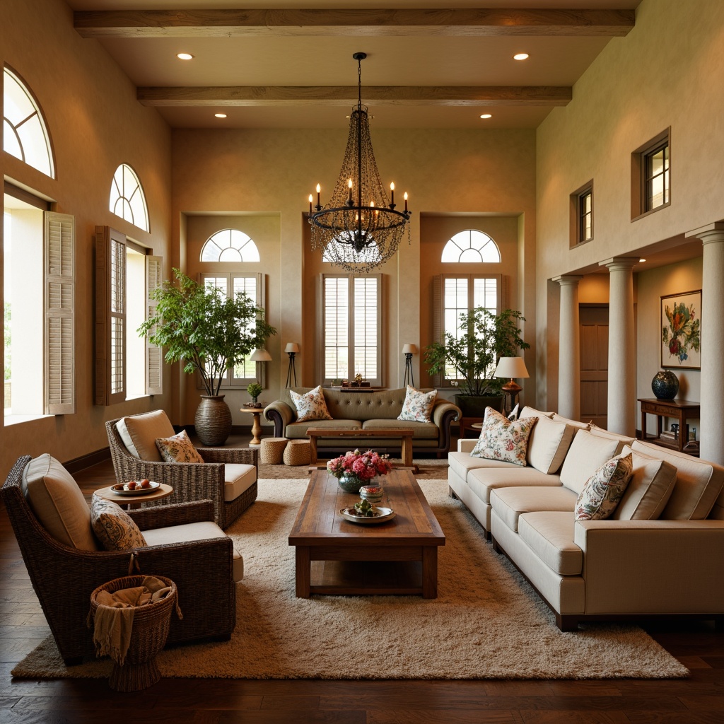 Prompt: Cozy game room, warm beige walls, dark wood flooring, plush area rugs, comfortable seating, curved sectional sofas, wooden coffee tables, woven baskets, vintage decorative accents, distressed wood shutters, creamy white columns, arched windows, soft golden lighting, Mediterranean-inspired patterns, colorful ceramic vases, natural fiber upholstery, rustic metal chandeliers, warm earthy tones, inviting ambiance, relaxed atmosphere, 1/2 composition, subtle textures, atmospheric shading.