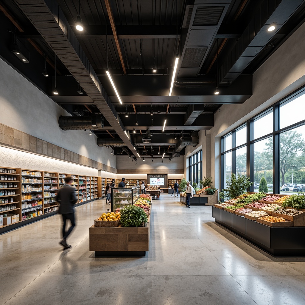 Prompt: Sleek modern grocery store interior, polished concrete floors, minimalist shelving units, industrial-chic metal beams, exposed ductwork, geometric patterned wall tiles, monochromatic color scheme, LED strip lighting, floor-to-ceiling glass windows, urban loft-inspired decor, reclaimed wood accents, stainless steel countertops, futuristic digital signage, 3/4 composition, shallow depth of field, softbox lighting, realistic textures, ambient occlusion.