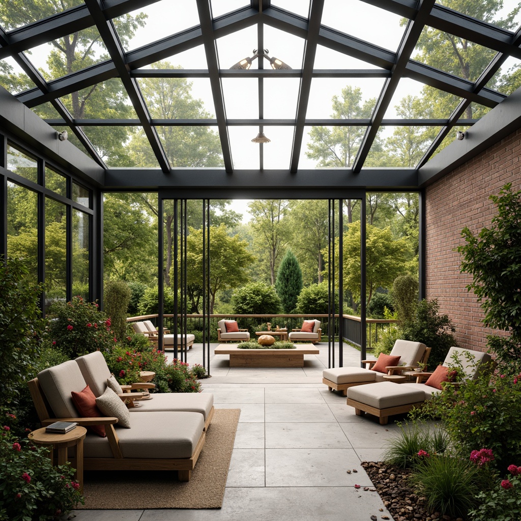 Prompt: Spacious sunroom, floor-to-ceiling windows, sliding glass doors, natural stone flooring, lush greenery, vibrant flowers, modern minimalist decor, sleek metal frames, transparent roof panels, clerestory windows, skylights, warm ambient lighting, soft diffused illumination, morning sunlight, afternoon warmth, cozy reading nooks, plush furnishings, wooden accents, earthy color palette, organic textures, shallow depth of field, 1/1 composition, realistic rendering.