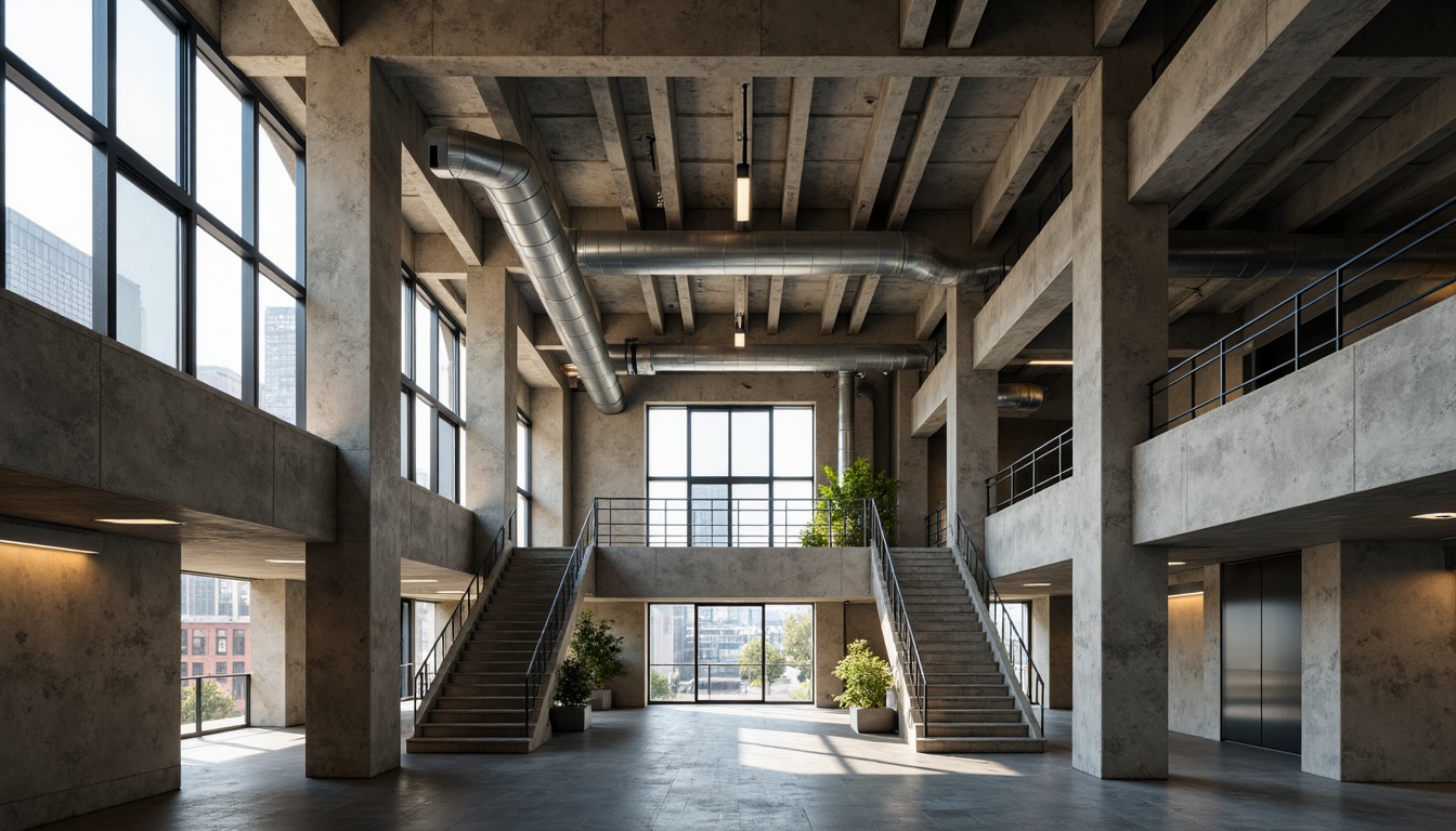 Prompt: Rugged office building, brutalist architecture, raw concrete walls, exposed ductwork, industrial steel beams, minimalist decor, functional open spaces, geometric staircases, cantilevered floors, angular columns, urban cityscape, morning light, dramatic shadows, 1/1 composition, high contrast, realistic textures, ambient occlusion.