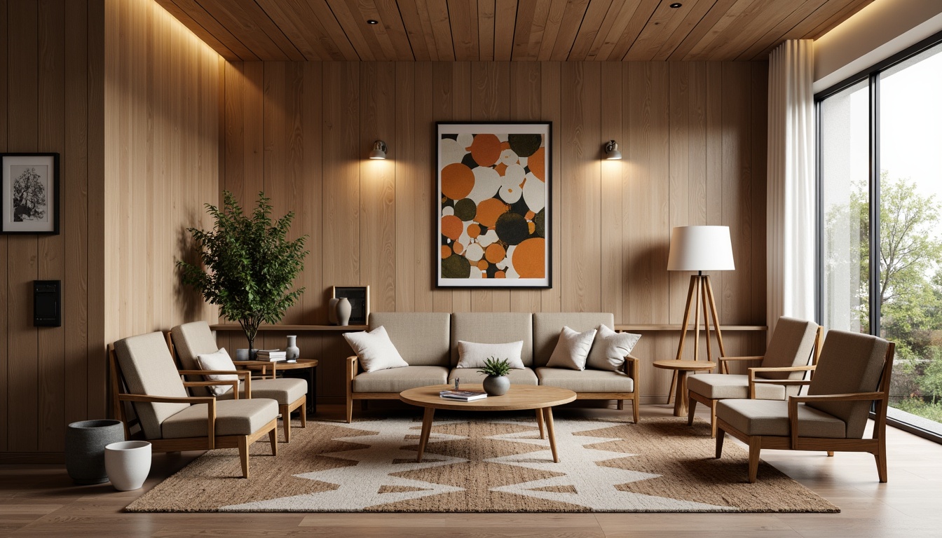 Prompt: Mid-century modern living room, sleek wooden furniture, retro-patterned rugs, vintage decorative objects, geometric-shaped vases, abstract artwork, statement lighting fixtures, minimalist coffee tables, tufted sofas, accent chairs, natural textiles, earthy color palette, warm ambient lighting, shallow depth of field, 1/2 composition, soft focus, realistic textures.