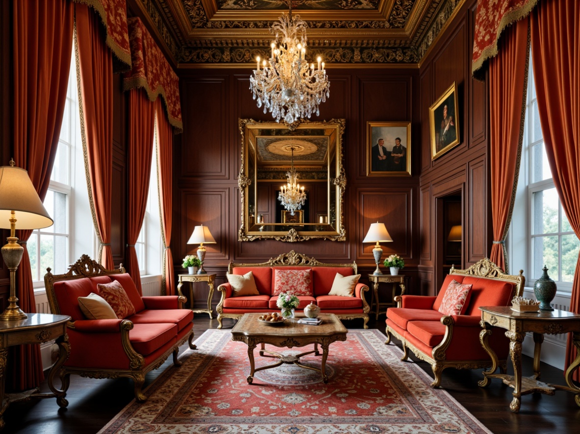 Prompt: Ornate furniture pieces, gilded frames, velvet upholstery, rich wood tones, intricately carved legs, luxurious drapery, ornamental mirrors, crystal chandeliers, lavish textiles, golden accents, curvaceous lines, regal atmosphere, opulent decor, grandiose scale, dramatic lighting, warm color palette, lavish furnishings, antique finishes, exquisite craftsmanship.