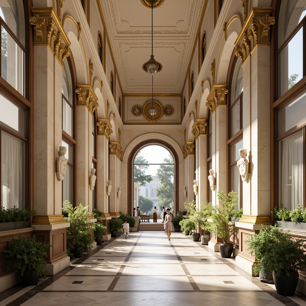 Prompt: Elegant neoclassical architecture, ornate details, subtle golden accents, soft cream marble, rich wood tones, majestic columns, intricate moldings, subtle earthy undertones, muted greenery, vintage bronze fixtures, warm beige stonework, classical statues, refined symmetry, balanced composition, natural light, soft shadows, atmospheric perspective, 3/4 view, realistic textures.