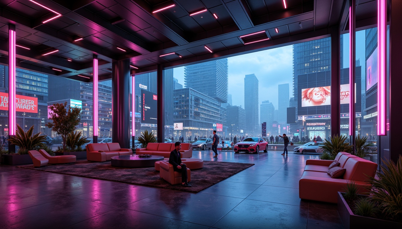 Prompt: Futuristic interior space, neon-lit ambiance, glowing LED strips, holographic projections, metallic surfaces, reflective mirrors, angular lines, minimalist decor, sleek furniture, ambient Occlusion, softbox lighting, high-contrast ratios, cinematic mood, 1/1 composition, shallow depth of field, futuristic cityscape, towering skyscrapers, hover cars, bustling streets, vibrant neon advertisements, misty atmosphere, dramatic shadows.