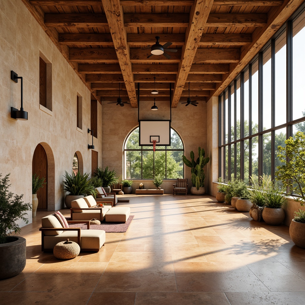 Prompt: Earthy gymnasium interior, reclaimed wood accents, natural stone walls, exposed wooden beams, adobe-inspired architecture, desert botanicals, cacti decorations, earthy tone color palette, woven textiles, organic shapes, rustic metal fixtures, large windows, abundant natural light, warm ambient lighting, shallow depth of field, 3/4 composition, panoramic view, realistic textures, ambient occlusion.