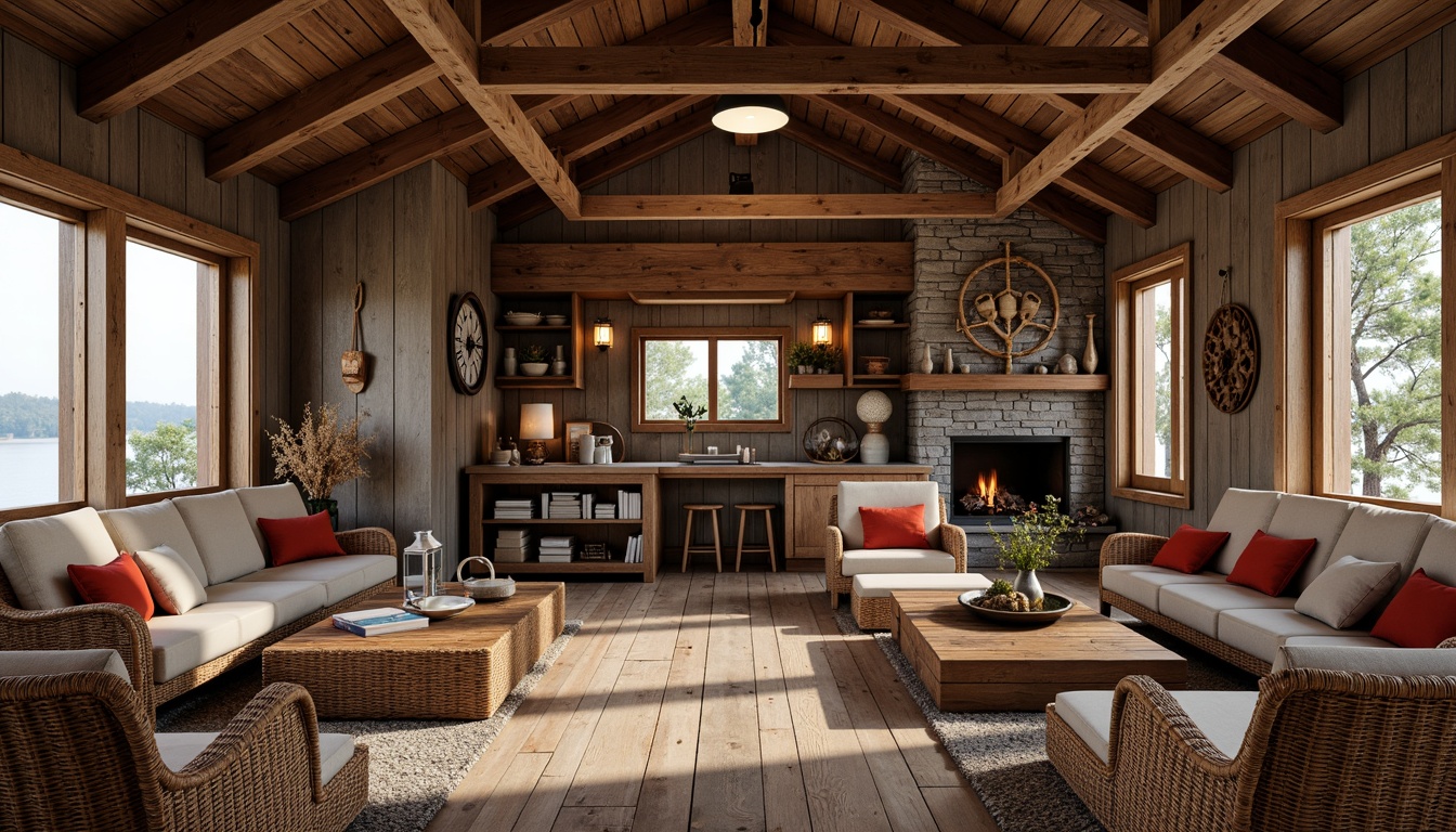 Prompt: Rustic boathouse interior, reclaimed wooden walls, distressed wooden floors, vintage nautical decorations, antique fishing nets, woven rattan furniture, plush velvet upholstery, earthy tone color palette, natural stone fireplaces, wooden beam ceilings, soft warm lighting, cozy reading nooks, comfortable sectionals, woven wicker chairs, nature-inspired textiles, lake house ambiance, serene atmosphere, shallow depth of field, 1/1 composition, realistic textures, ambient occlusion.