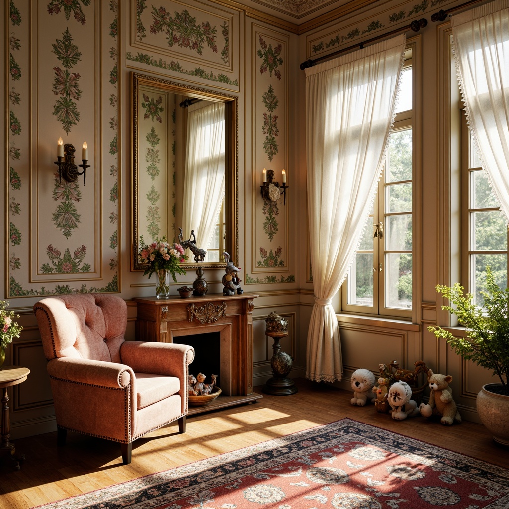 Prompt: Richly patterned wallpaper, ornate moldings, decorative wainscoting, soft pastel hues, plush velvet fabrics, intricately carved wooden furniture, vintage-inspired toys, antique artifacts, lace curtains, floral patterns, delicate porcelain vases, warm golden lighting, shallow depth of field, 1/2 composition, cozy atmosphere, realistic textures, ambient occlusion.