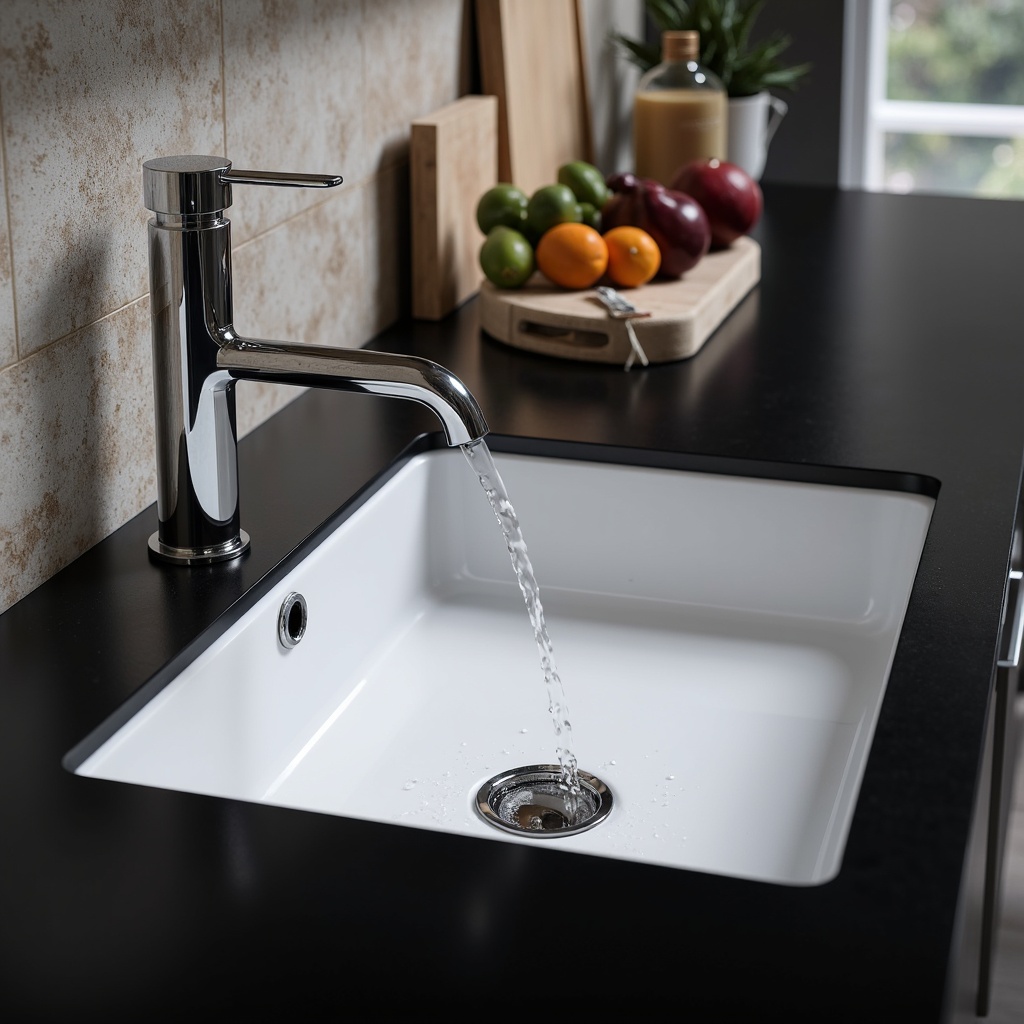 Prompt: Modern kitchen sink, sleek metallic finish, minimalist design, angular lines, LED lighting, touchless faucet, sensor-activated water flow, matte black countertop, white porcelain basin, chrome accents, waterfall faucet, wall-mounted installation, hidden drain, natural stone backsplash, ambient lighting, shallow depth of field, 3/4 composition, realistic textures, high-gloss finish.