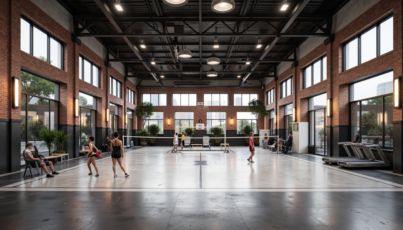 Prompt: Industrial-chic gymnasium, exposed brick walls, metallic beams, polished concrete flooring, rubber athletic flooring, sports equipment, basketball hoops, volleyball nets, treadmills, free weights, mirrored walls, high ceilings, industrial-style lighting fixtures, urban atmosphere, modern architecture, open spaces, minimalist decor, functional layout, high-traffic areas, durable materials, low-maintenance surfaces, slip-resistant textures, matte finishes, neutral color palette.