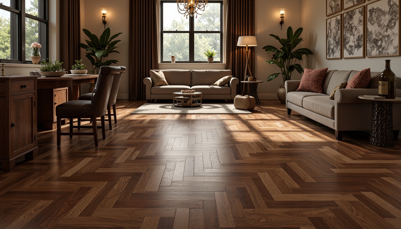 Prompt: Luxurious hardwood flooring, rich dark wood tones, elegant grain patterns, high-gloss finishes, durable wear resistance, scratch-proof coatings, stylish herringbone layouts, classic chevron designs, modern industrial chic, distressed wood textures, reclaimed wood accents, natural stone inlays, geometric mosaic patterns, soft warm lighting, 1/1 composition, realistic reflections, ambient occlusion.