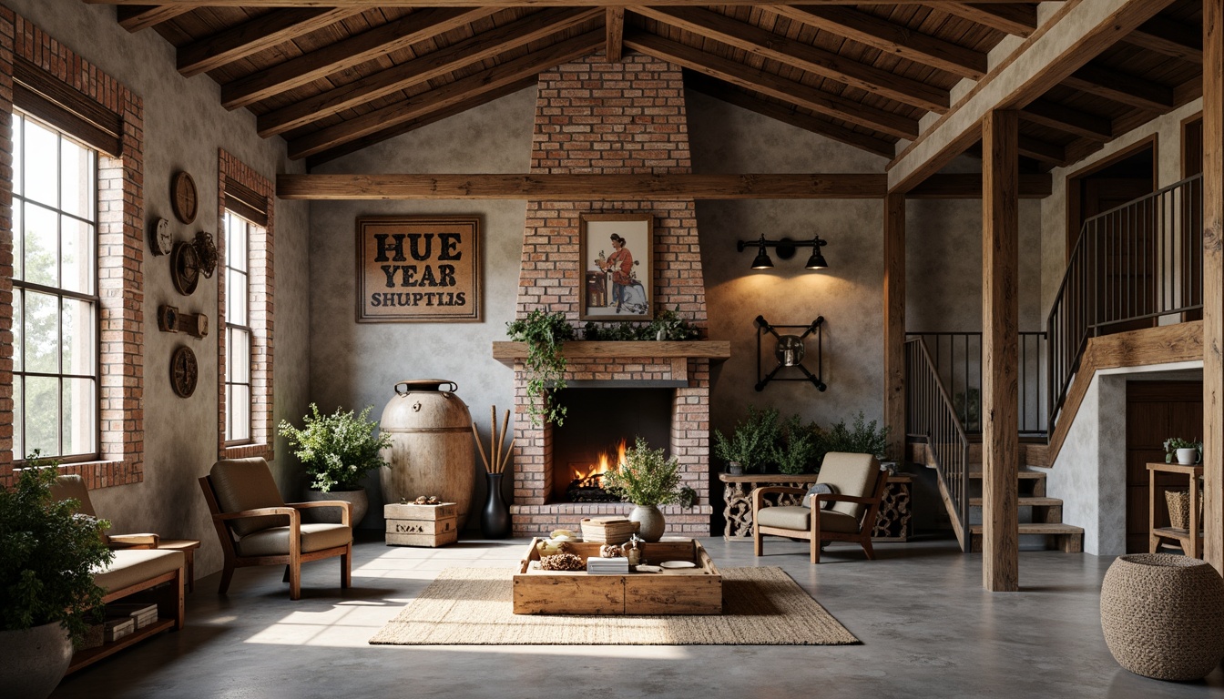 Prompt: Rustic farmhouse, vintage industrial decor, distressed metal accents, reclaimed wood beams, exposed brick walls, concrete floors, modern agricultural equipment, industrial-style lighting fixtures, metal lanterns, wooden crates, farm tools, rustic metal signs, natural stone fireplaces, earthy color palette, warm soft lighting, shallow depth of field, 1/2 composition, realistic textures, ambient occlusion.