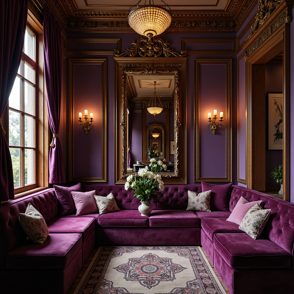 Prompt: Ornate Baroque nook, rich velvet upholstery, intricately carved wooden frames, gilded accents, ornamental mirrors, plush throw pillows, regal purple hues, golden lighting fixtures, lavish drapery, patterned rugs, antique vases, distressed leather armchairs, curved lines, sculptural details, soft warm glow, cozy intimate atmosphere, 1/1 composition, realistic textures, ambient occlusion.