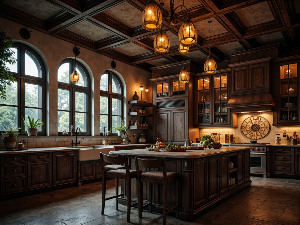 Prompt: Dramatic kitchen island, ornate wooden cabinetry, rich dark tones, mysterious ambiance, dimmable pendant lights, warm candlelight, vintage metal fixtures, distressed stone walls, arched windows, grand chandeliers, elaborate ceiling treatments, bold color schemes, eerie shadows, high contrast lighting, narrow depth of field, 1/1 composition, cinematic atmosphere, detailed textures, ambient occlusion.