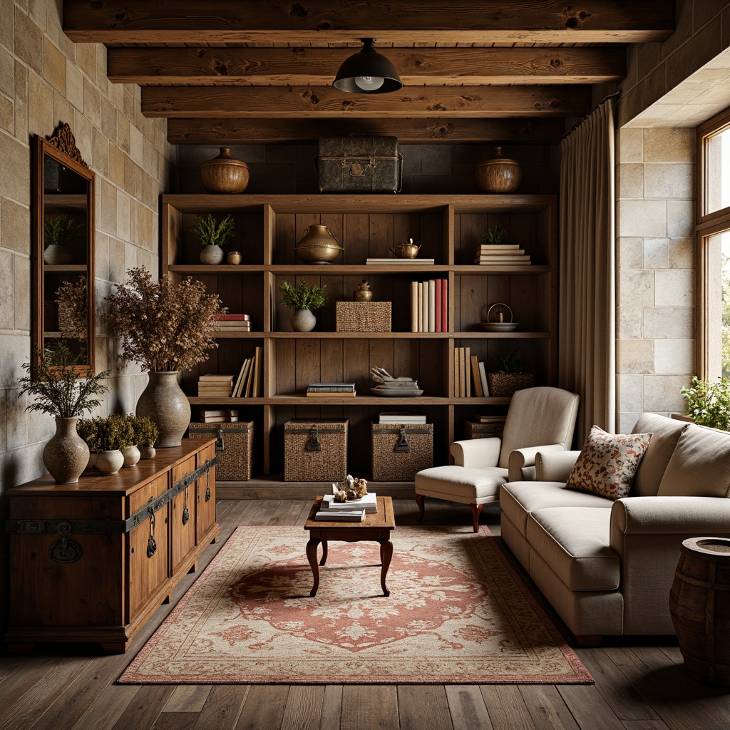 Prompt: Rustic storage room, distressed wood shelves, vintage metal trunks, woven baskets, plush area rugs, soft velvet fabrics, natural linen textures, earthy color palette, warm golden lighting, cozy atmospheric ambiance, ornate antique furniture, carved wooden decorations, floral patterned upholstery, traditional French country elements, aged stone walls, rustic metal accents, comfortable reading nooks, intimate scale, shallow depth of field, 1/2 composition.