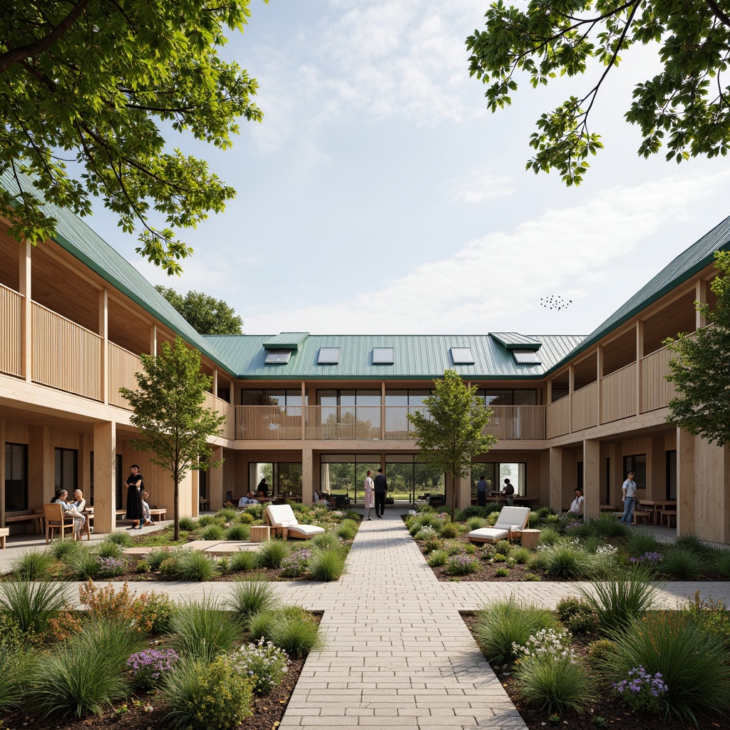 Prompt: Cozy community center, Nordic-inspired architecture, large windows, clerestory roofs, skylights, light-filled atriums, minimalist interior design, blonde wood accents, natural stone flooring, green roofs, lush vegetation, sunny day, soft warm lighting, shallow depth of field, 3/4 composition, panoramic view, realistic textures, ambient occlusion.