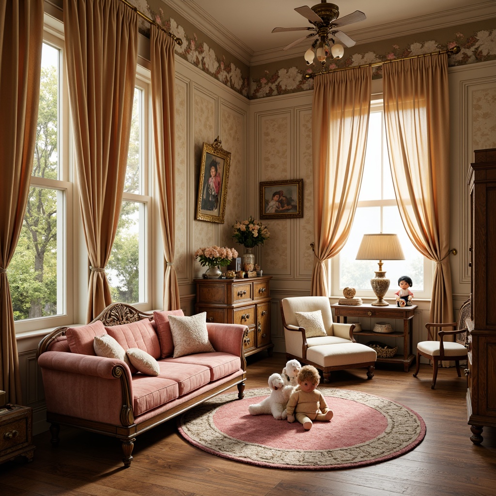 Prompt: Whimsical Victorian-era inspired kids' room, rich velvet fabrics, warm golden hues, soft blush pinks, creamy whites, distressed wood accents, ornate furniture, floral patterns, lace curtains, delicate china dolls, vintage toys, nostalgic charm, softbox lighting, 1/1 composition, intimate atmosphere, realistic textures.