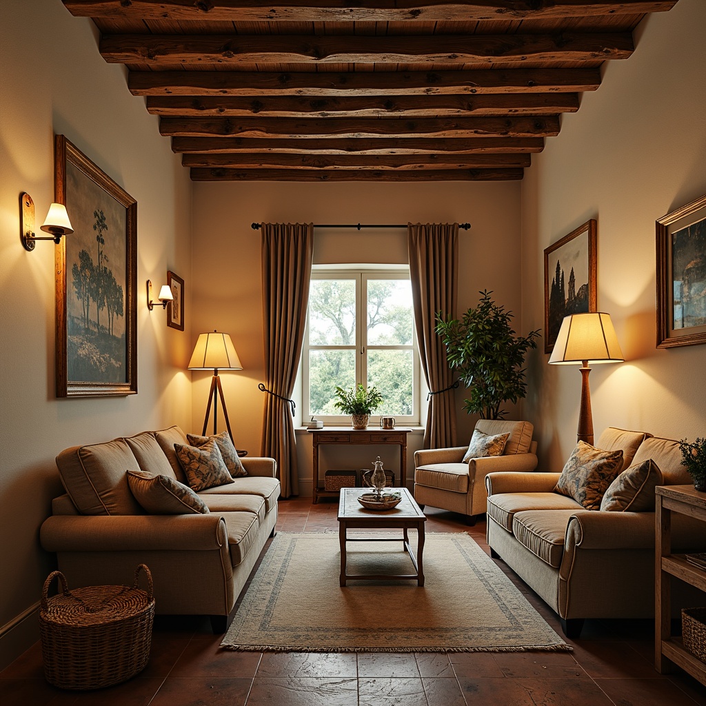 Prompt: Rustic family room, vintage French country style, distressed wood furniture, plush velvet sofas, linen-upholstered armchairs, natural woven baskets, soft candlelight, warm beige walls, earthy terracotta floors, rich tapestry fabrics, ornate wooden frames, elegant drapery, subtle florals, muted stripes, luxurious throw blankets, comfortable oversized pillows, cozy reading nooks, warm golden lighting, shallow depth of field, 1/1 composition, intimate atmosphere.